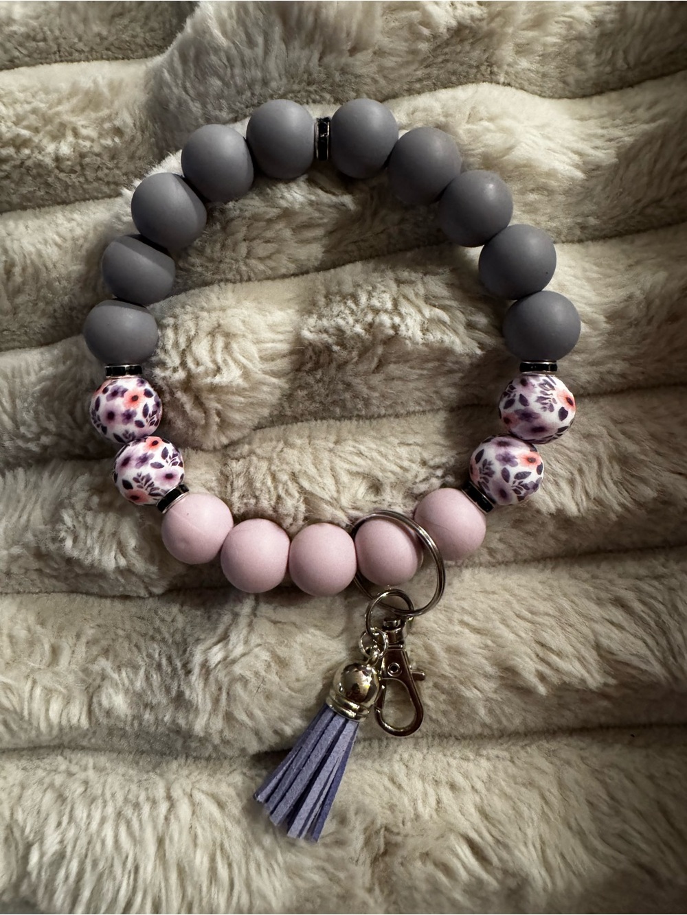Beaded Wristlet Keychain with Gray and Pink Beads